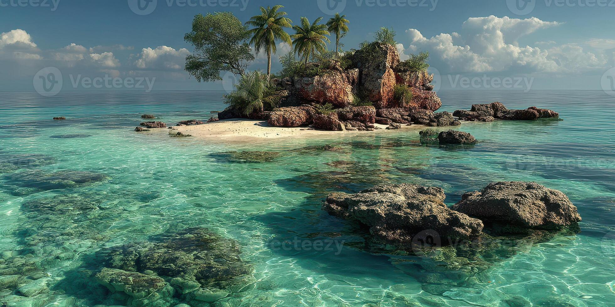 Serene tropical island with clear waters and rocky shoreline under bright sky photo