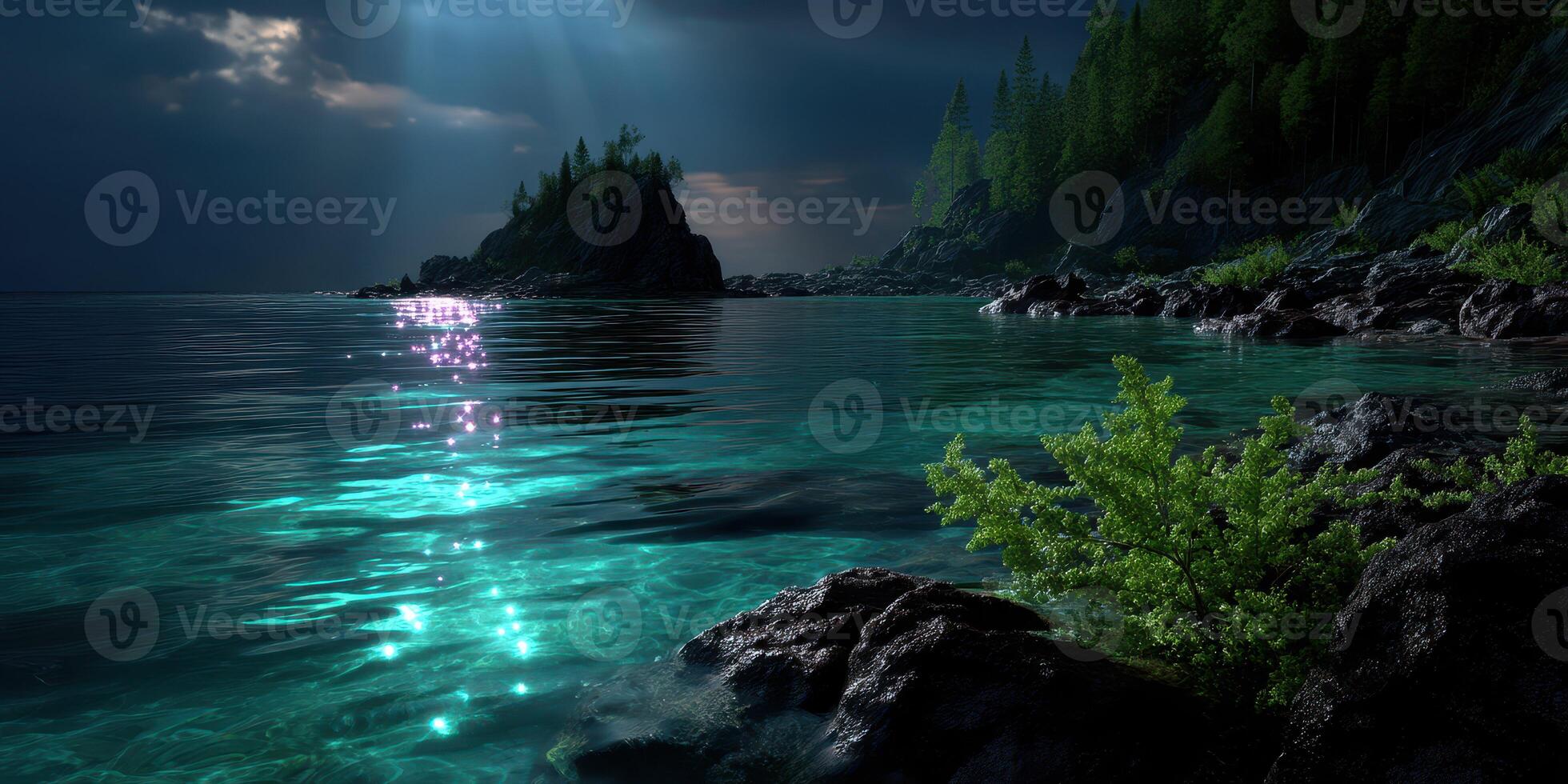 Tranquil night at a secluded lake surrounded by dense forest illuminating calm waters with moonlight reflections photo