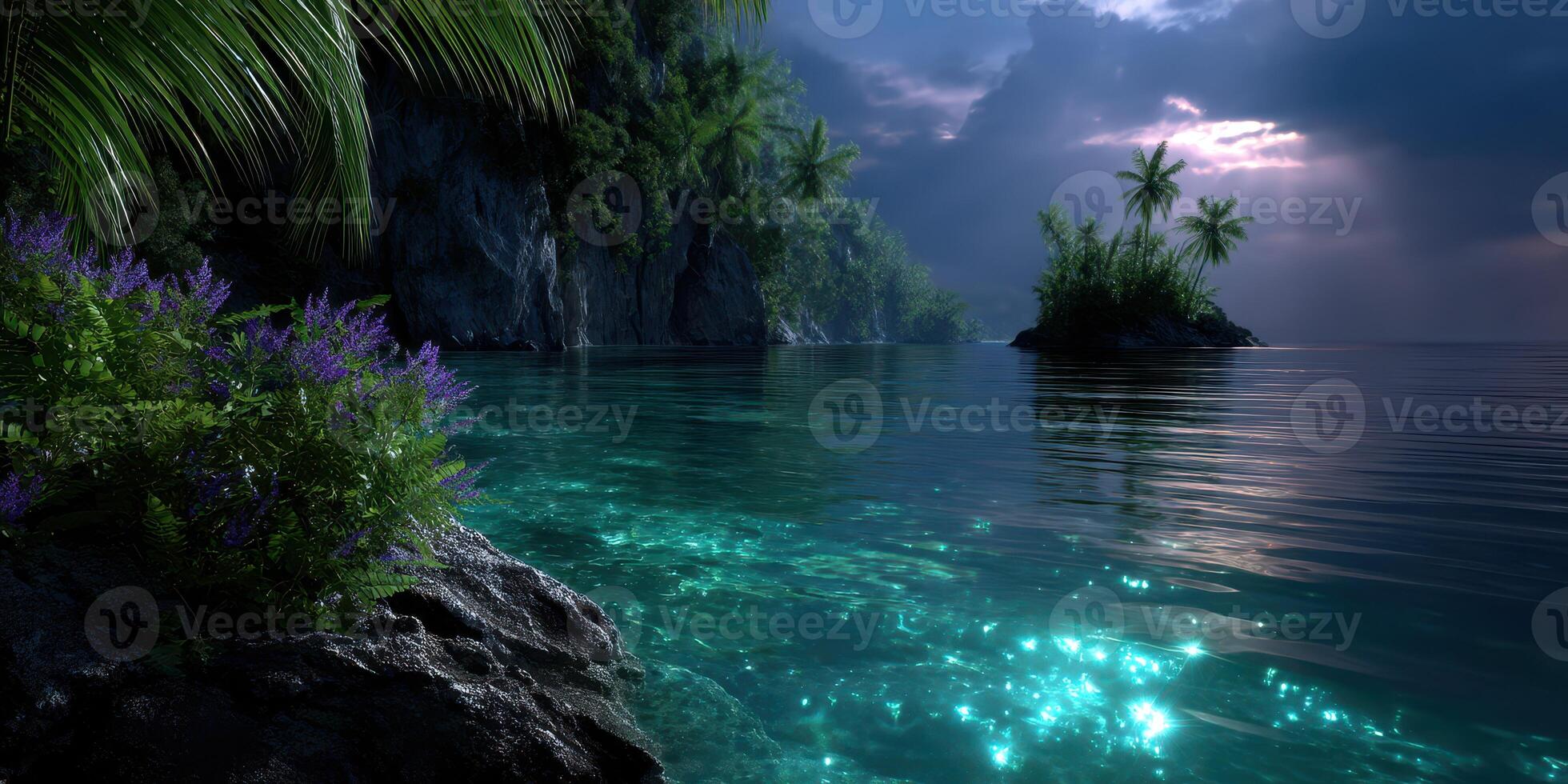 Tranquil tropical bay surrounded by lush cliffs and vibrant flora at dusk with reflections on calm water photo