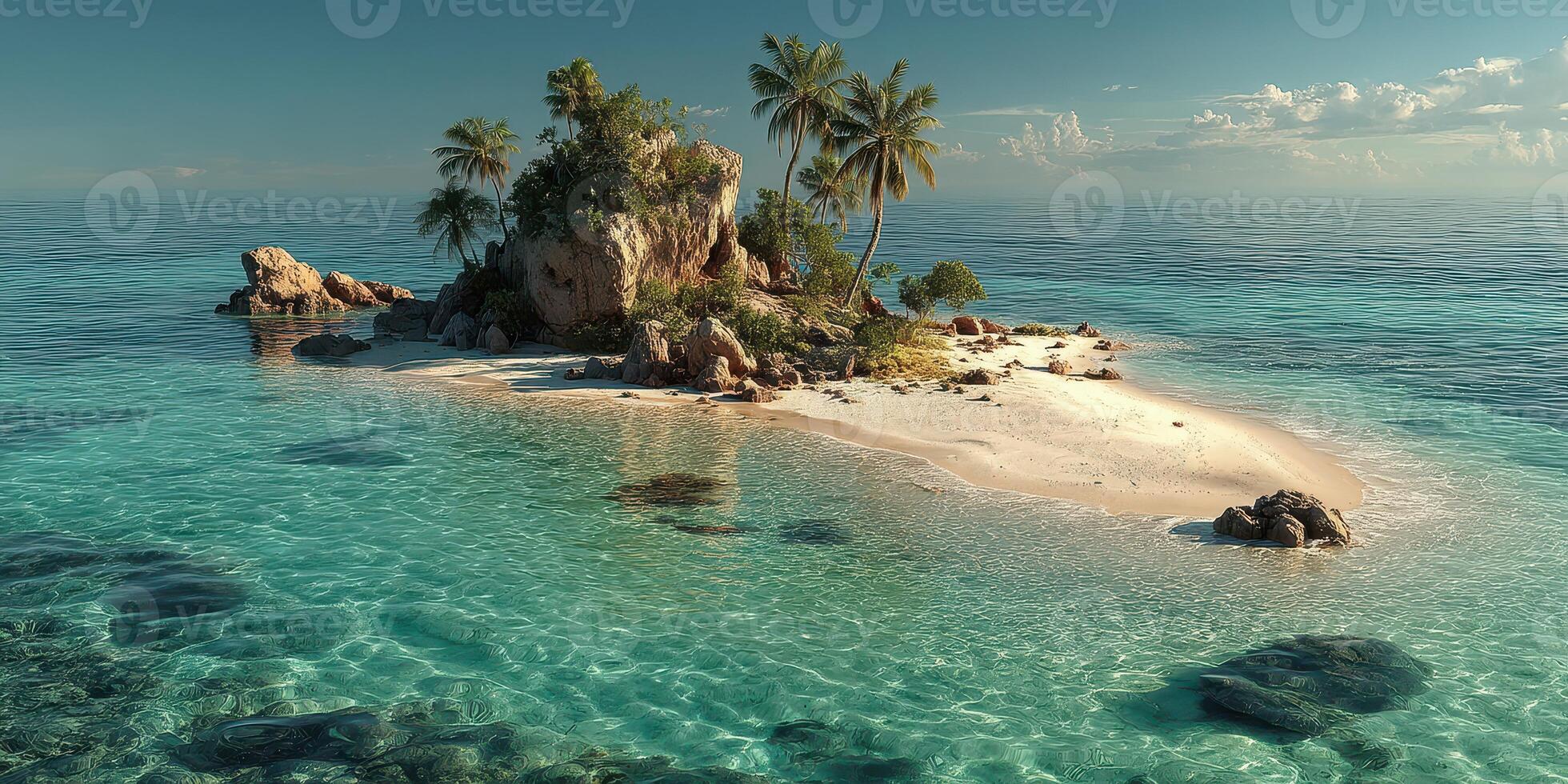 Tropical island with palm trees and clear turquoise water during sunny day photo