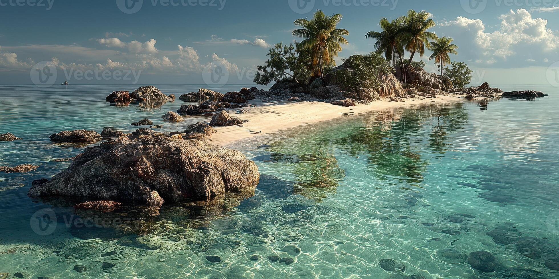 Peaceful tropical island with crystal clear water and palm trees under bright blue sky photo