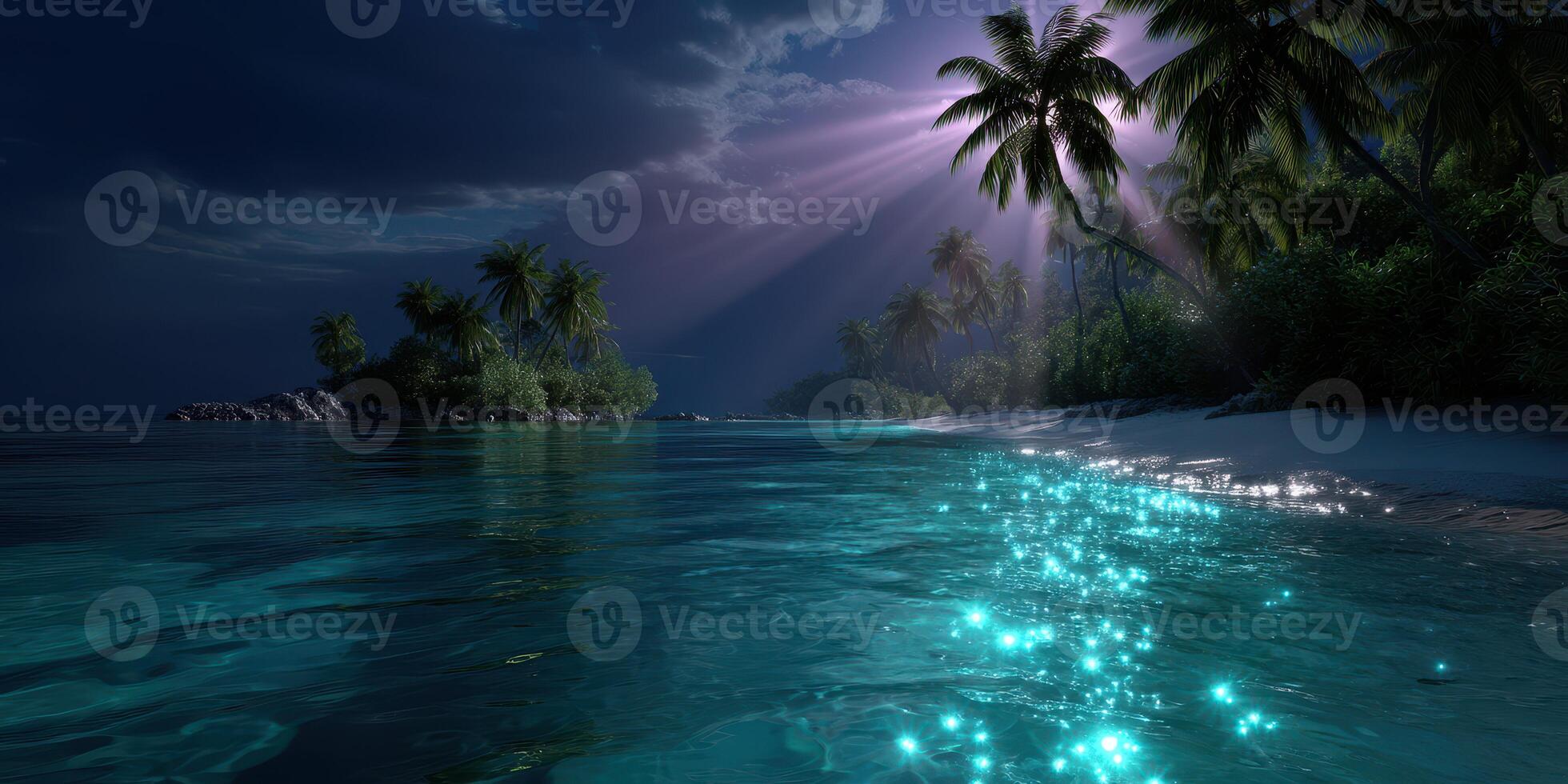 Nighttime beach view with glowing water and palm trees under a moonlit sky photo