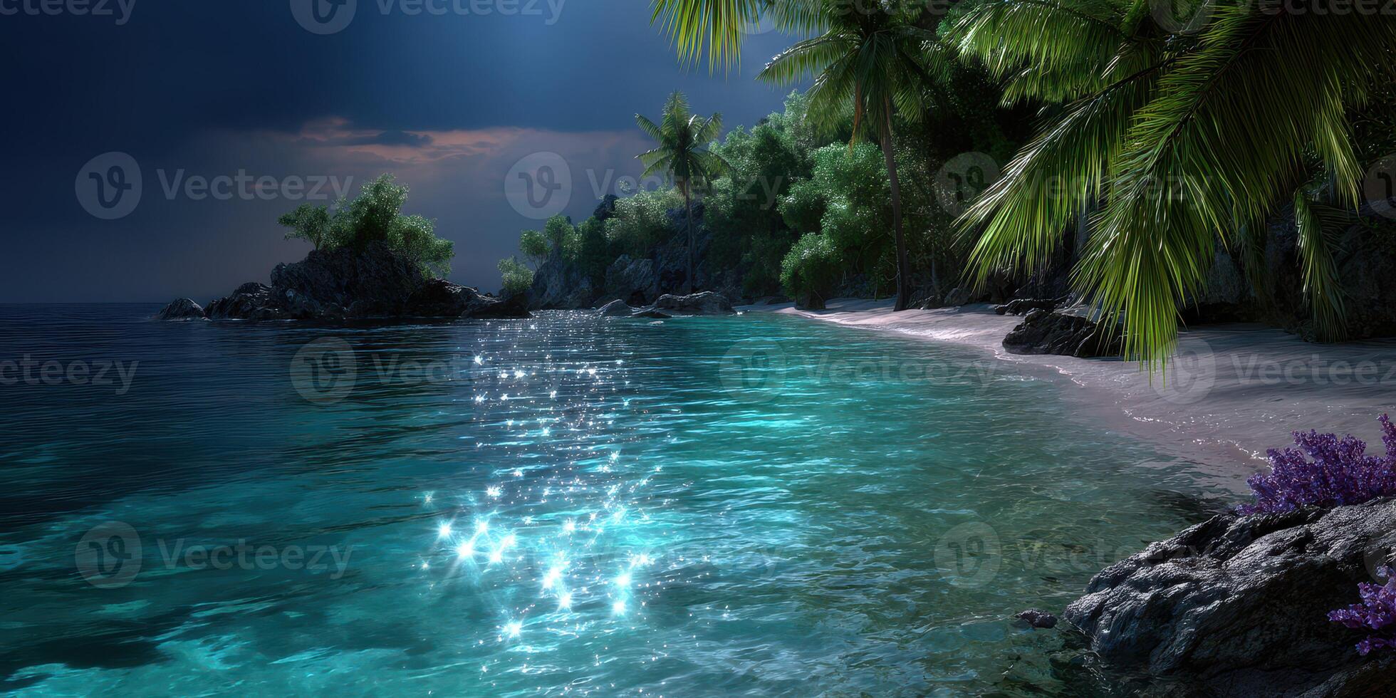 Calm evening by the tropical beach with shimmering water and lush greenery under a starry sky photo