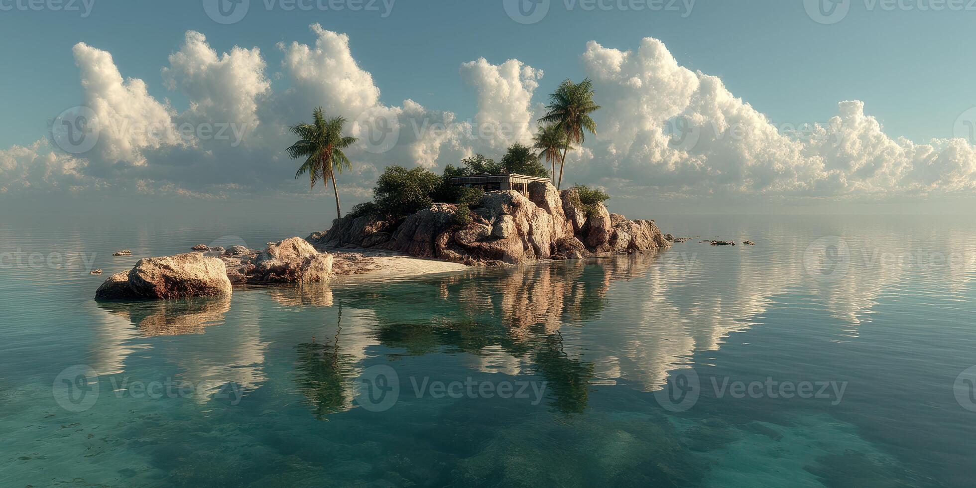 Serene tropical island with calm waters and reflective clouds under a bright sky in a remote location photo