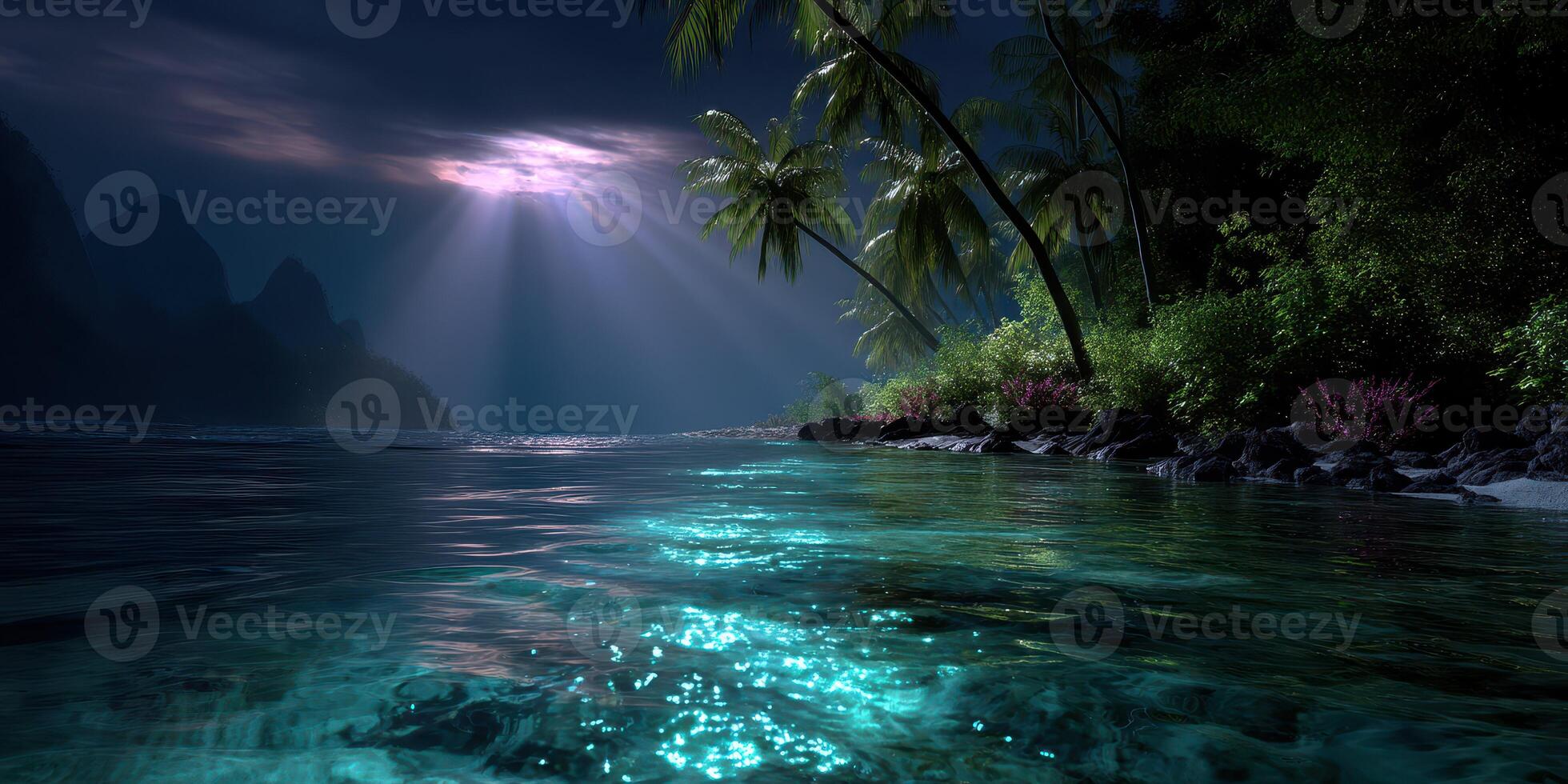 Serene ocean landscape at night with moonlight reflecting on calm waters photo