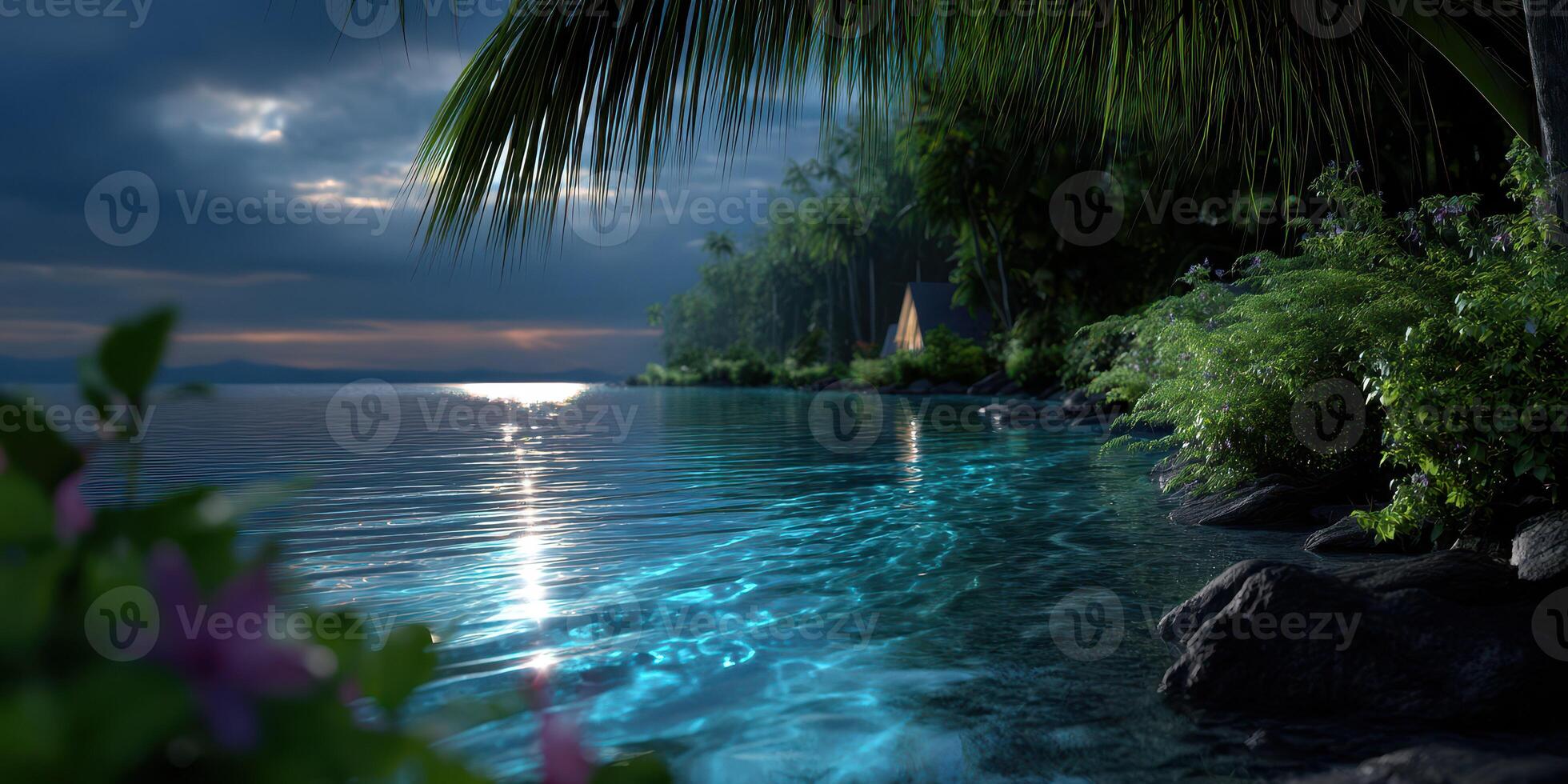 Tranquil evening on a tropical beach with calm waters and palm trees under a glowing sky photo