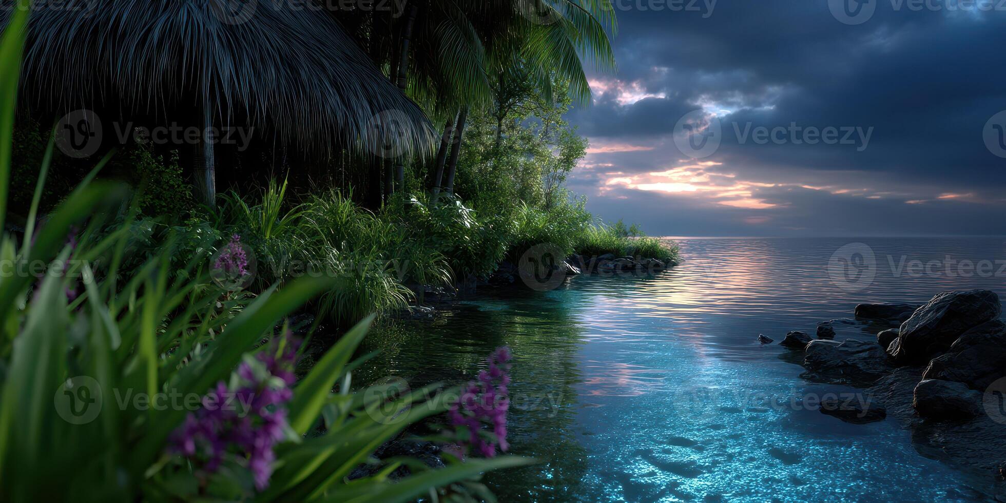 Serene twilight by the water with lush greenery and vibrant flowers near a tropical hut at sunset photo