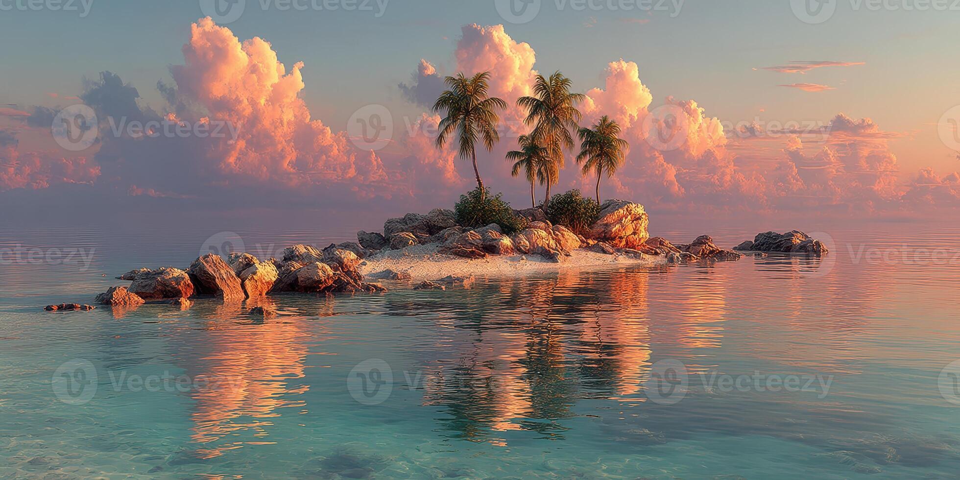 Vibrant sunset over tranquil island with palm trees and calm waters reflecting colorful clouds photo