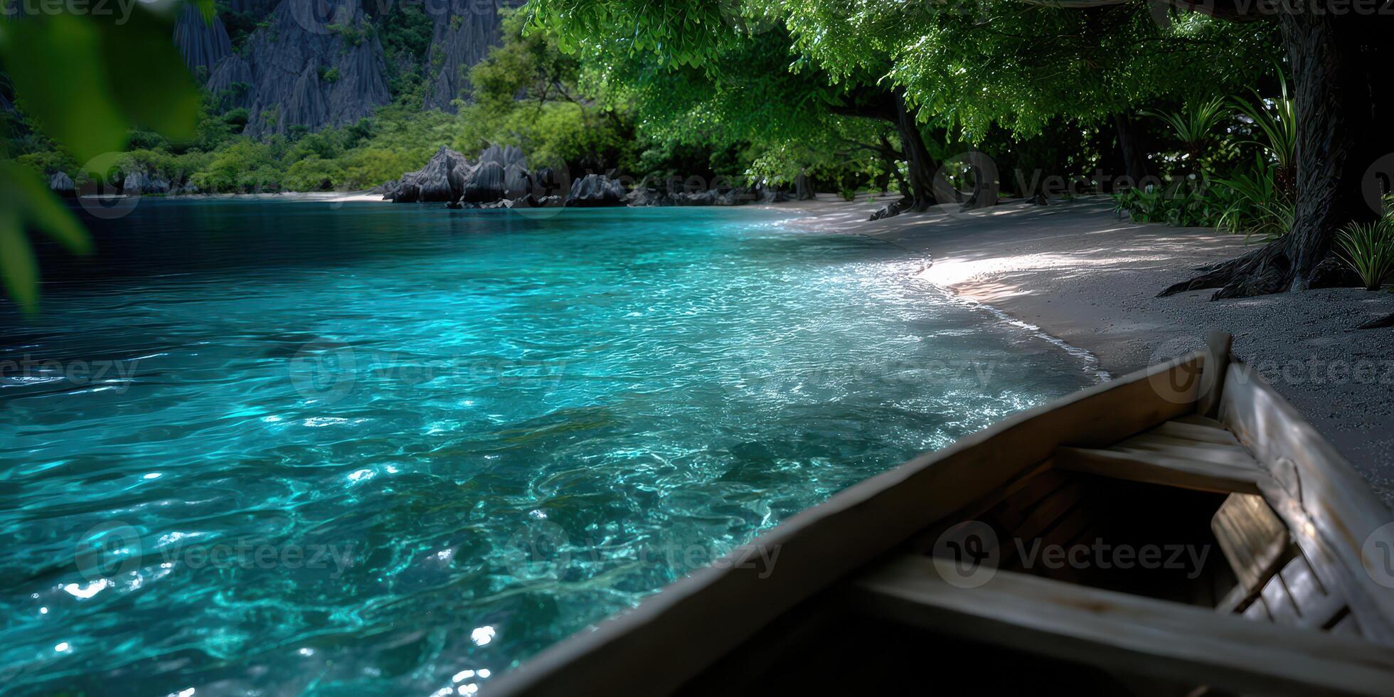 Serene turquoise waters and beach covered in greenery during a calm day at a tropical destination photo