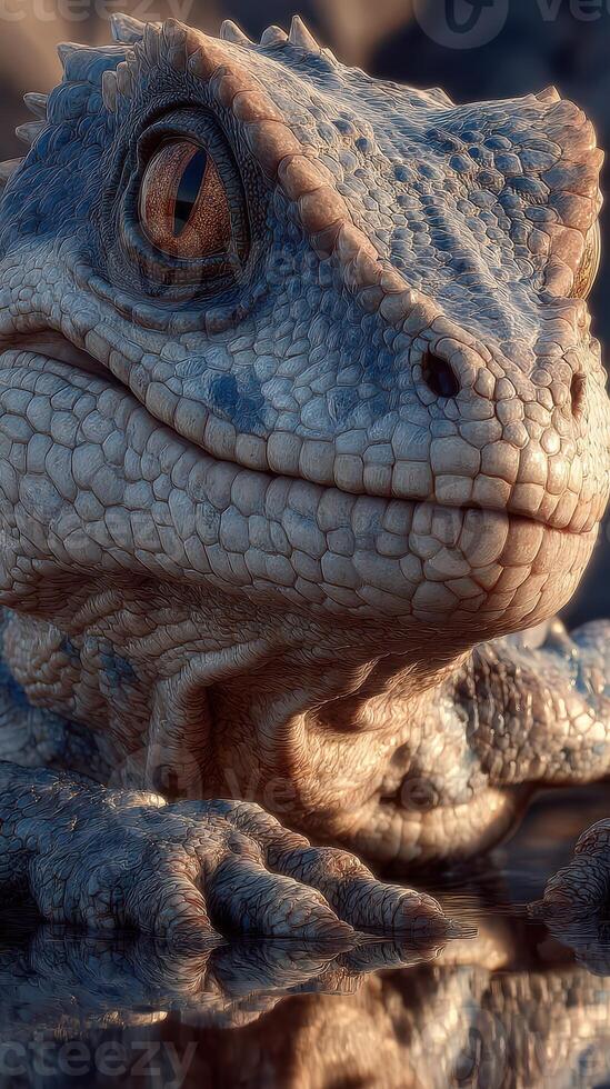 Lizard basking in warm sunlight, showcasing intricate scales and vibrant textures in a natural setting during the afternoon photo