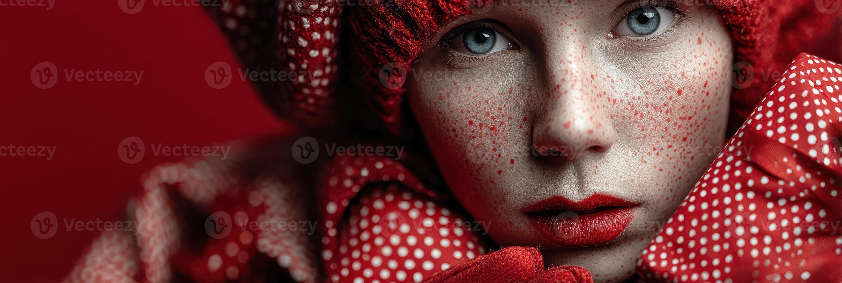 Portrait of a young person wearing a red outfit with polka dots, striking an expressive pose against a red backdrop photo