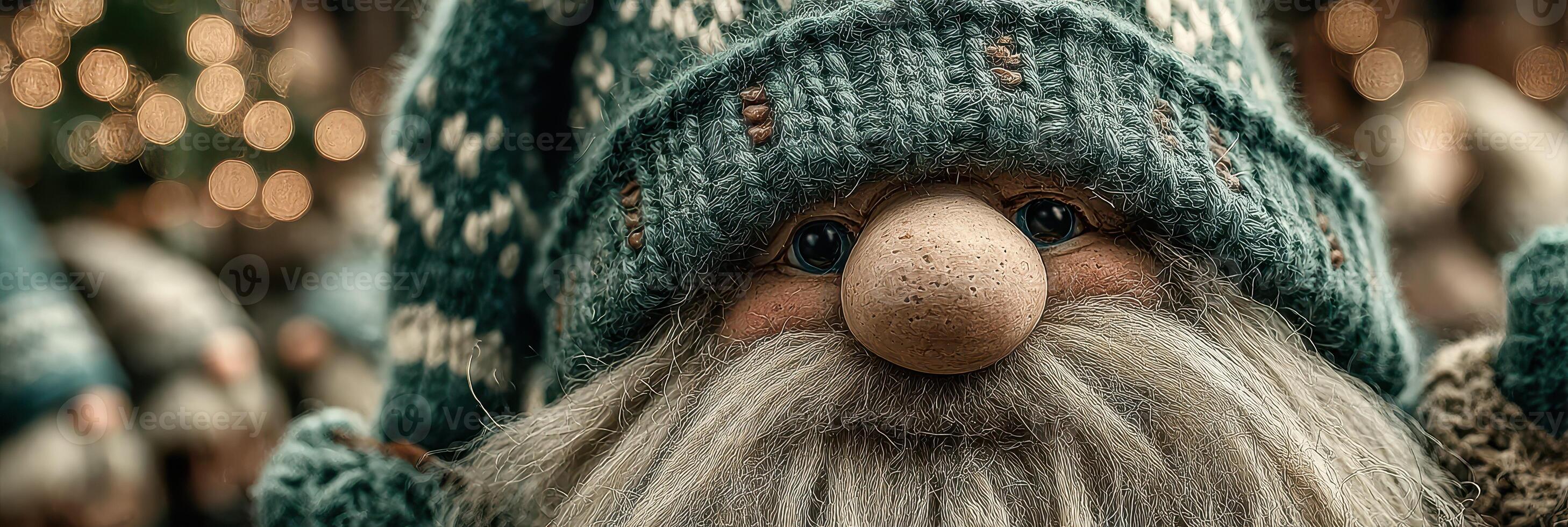Santa figurine wearing knitted hat during holiday season celebration in festive market photo