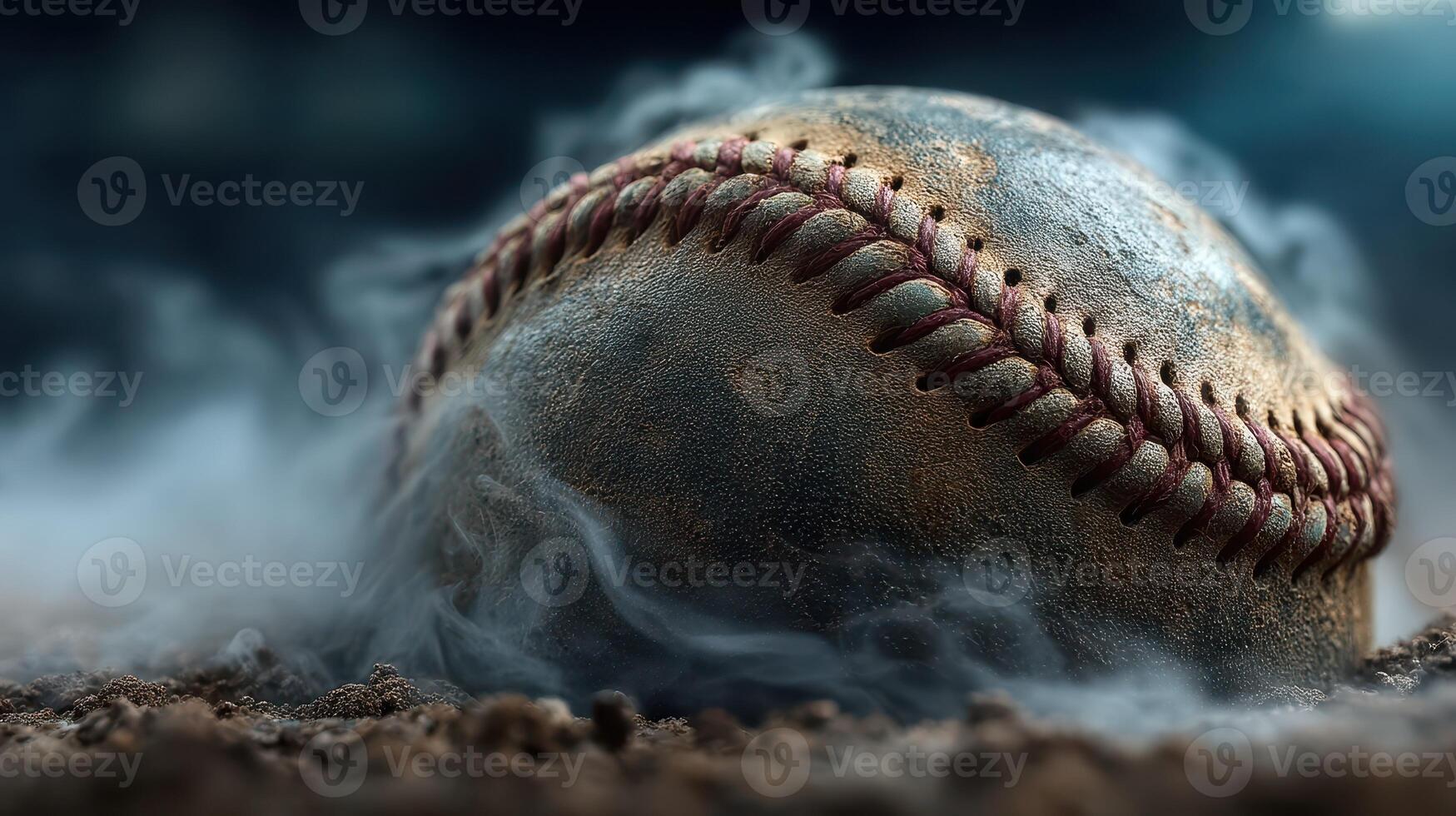 Baseball resting on dusty ground with smoke swirling in an intense game atmosphere at a twilight field photo