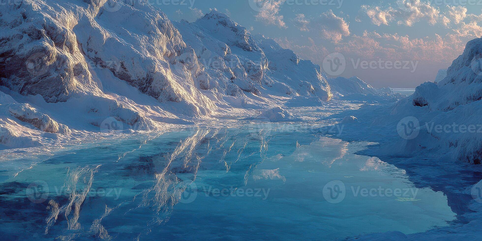 Stunning winter landscape with icy mountains reflecting in a tranquil blue lake at dusk photo