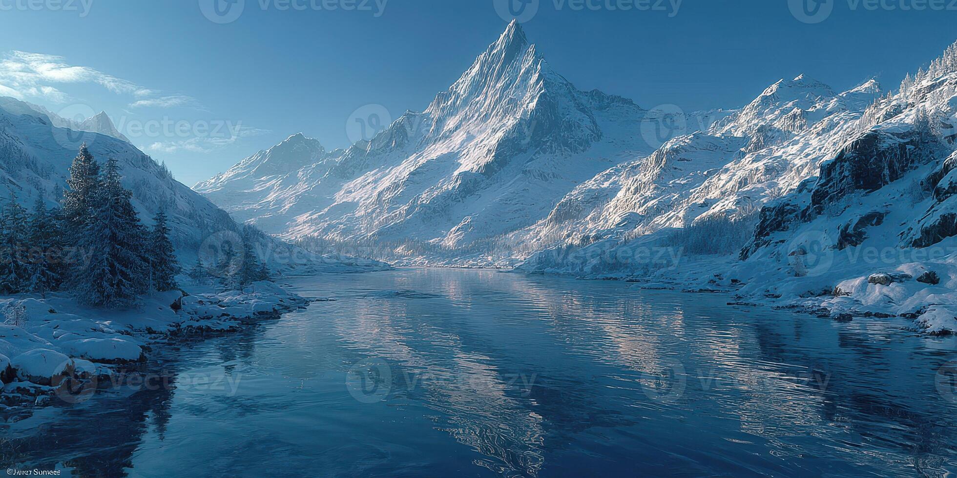 Snowy mountain landscape reflects in serene river under clear sky in winter photo