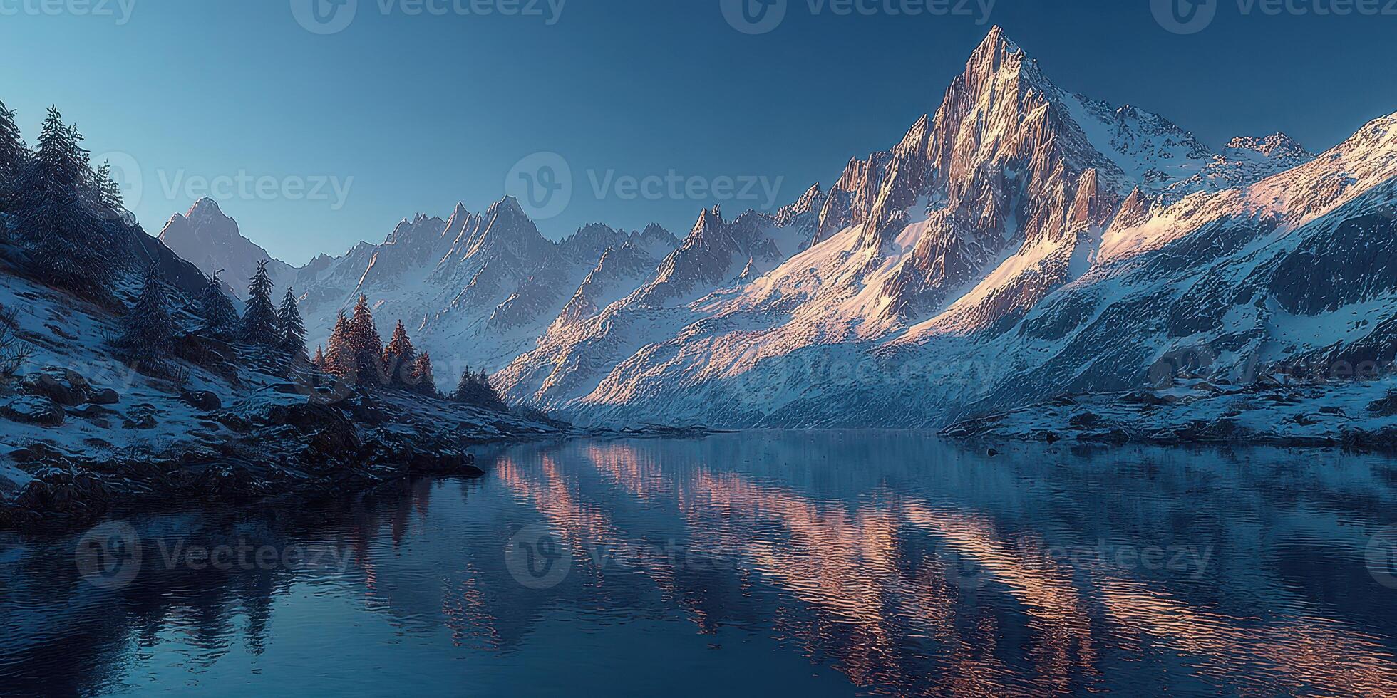 Majestic mountain range reflected in a tranquil alpine lake at dawn photo
