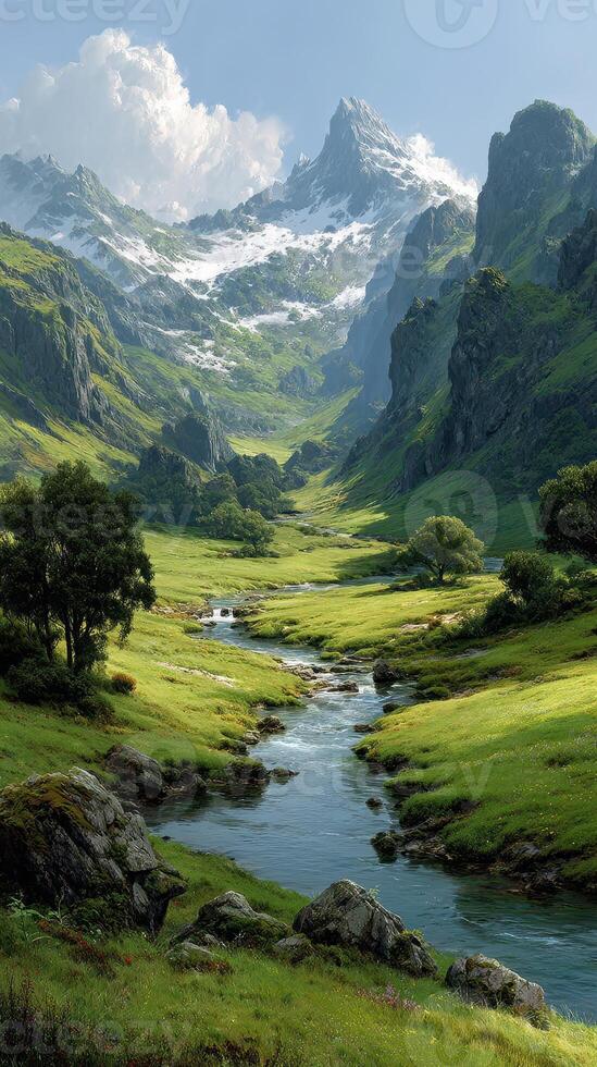 Majestic mountain valley with a winding river and lush green meadows under a clear blue sky photo