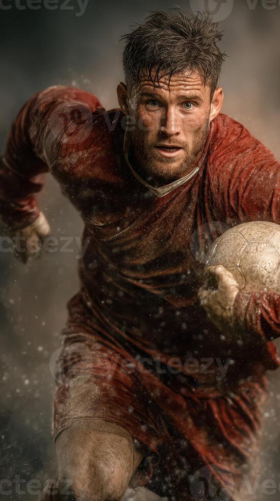 Intense soccer player sprinting on muddy field with a ball during a competitive match at sunset photo