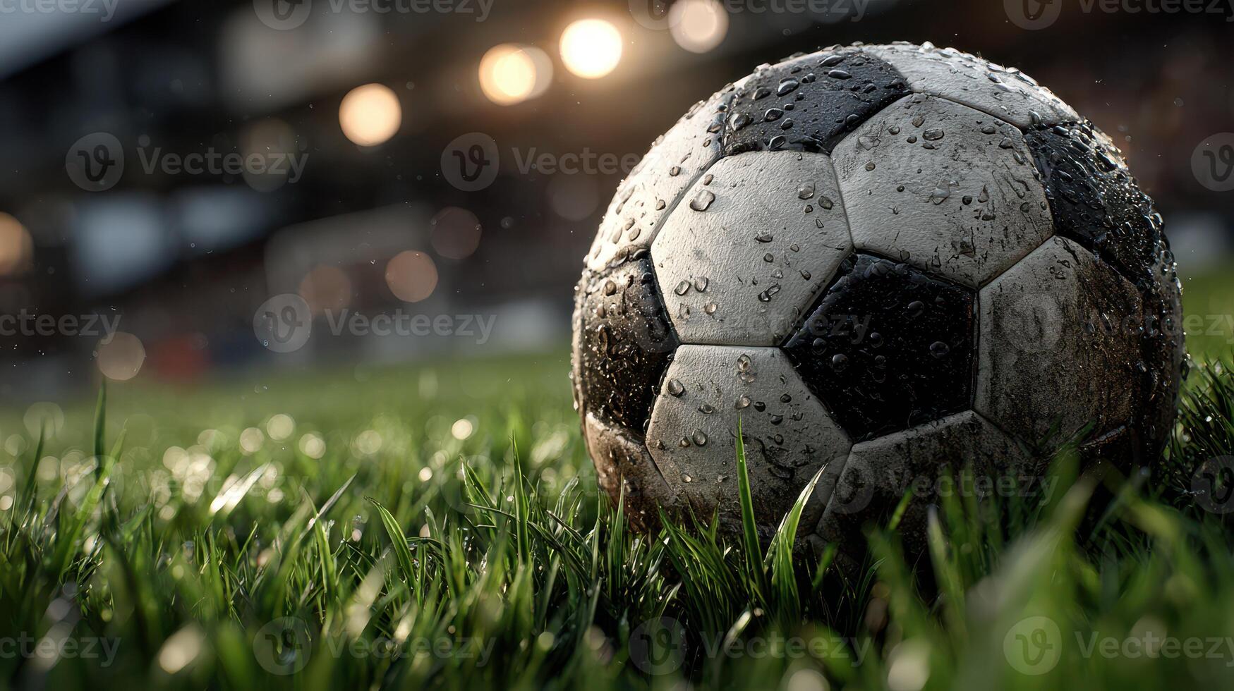 Wet soccer ball resting on grass during a match at an outdoor stadium in the evening light photo