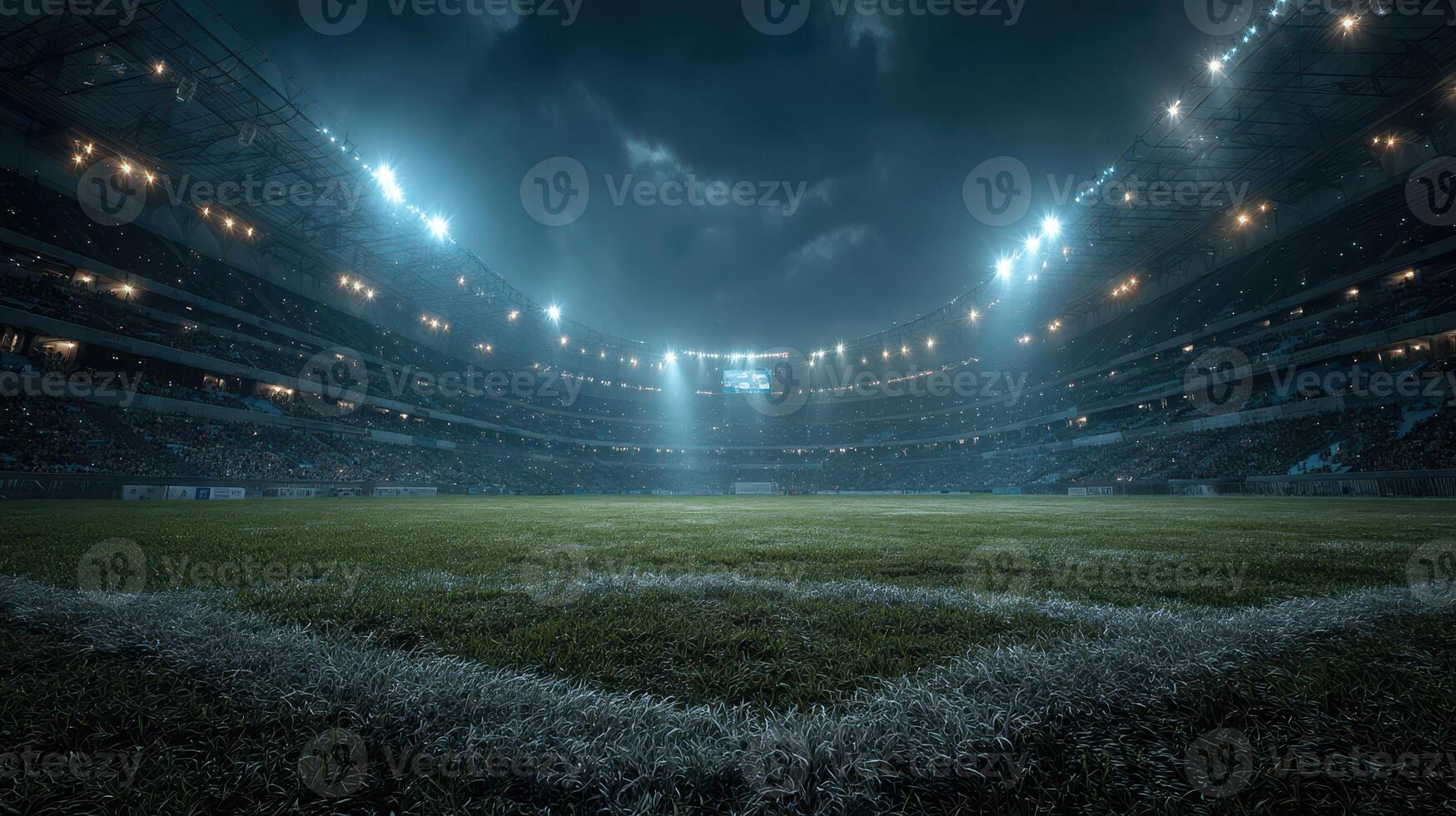 Nighttime soccer stadium filled with fans and illuminated by bright floodlights during an intense match photo