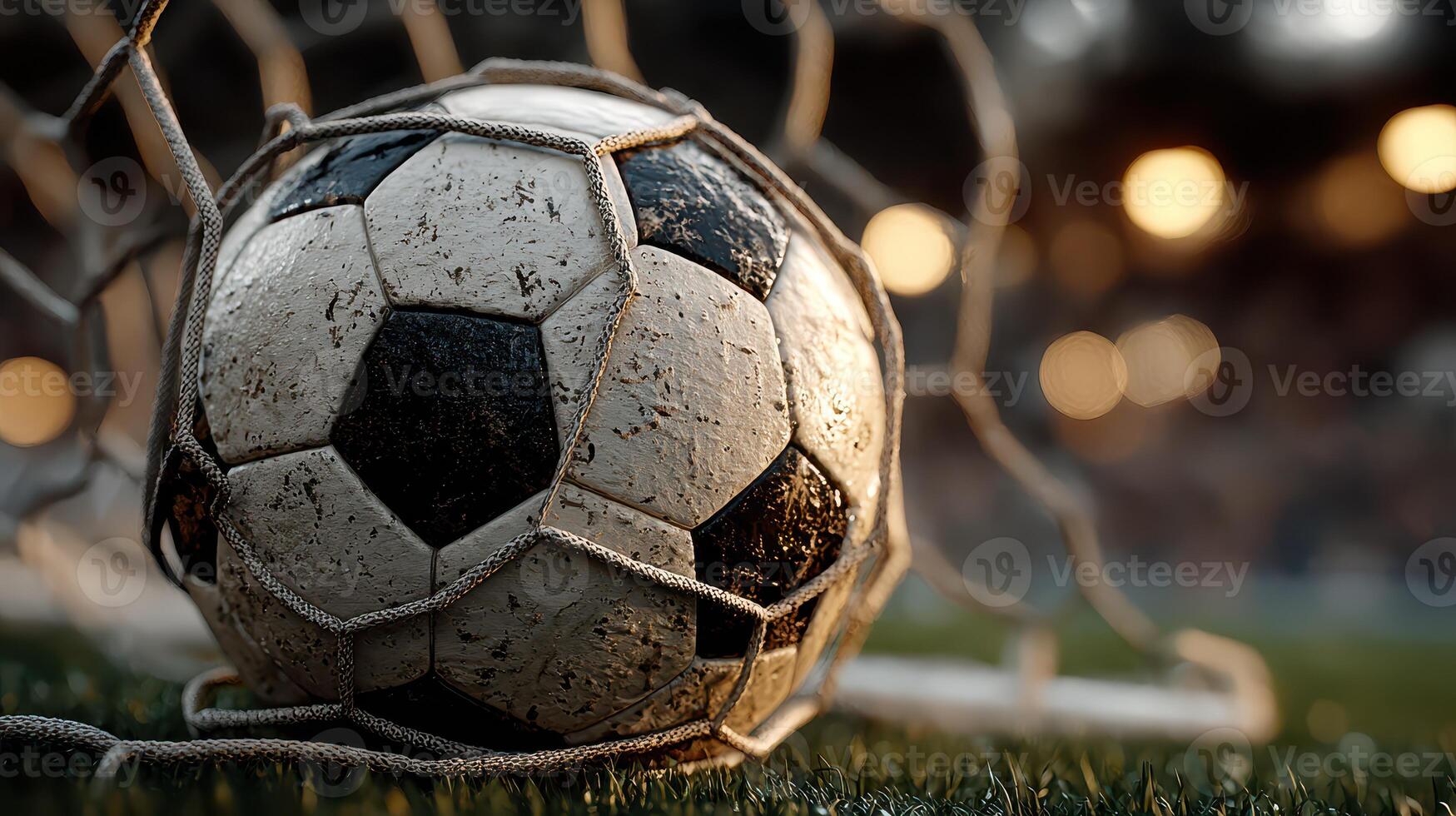 Soccer ball caught in the net during a match at dusk, showcasing the intensity of the game and the thrill of scoring photo
