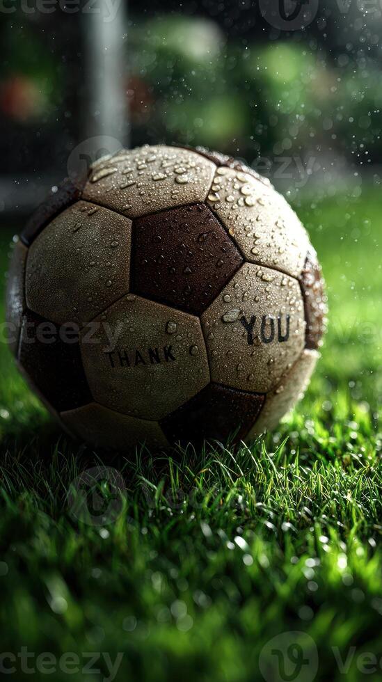 Rain-soaked soccer ball resting on lush grass with the words Thank You engraved photo