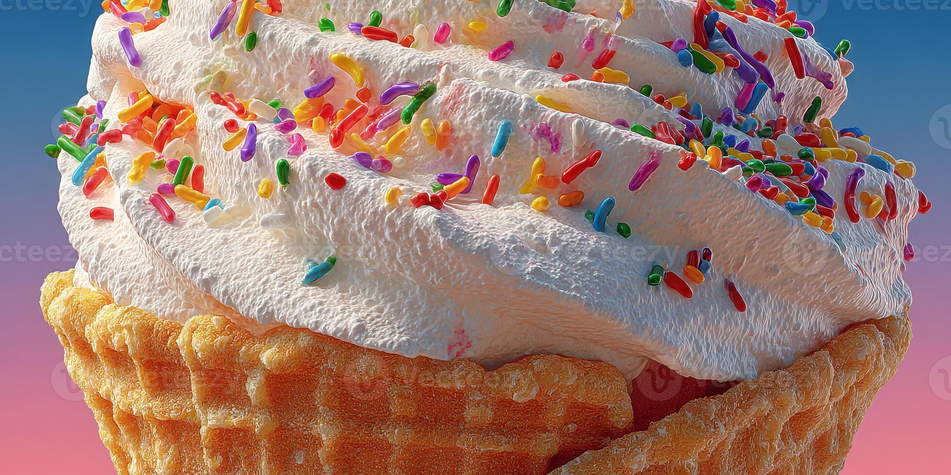 Colorful sprinkles top a creamy ice cream cone against a vibrant gradient background in a summer setting photo