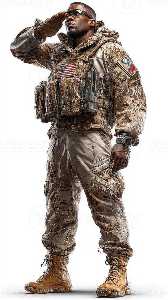Soldier in camouflage gear saluting against a white background at an unknown location during a military operation photo