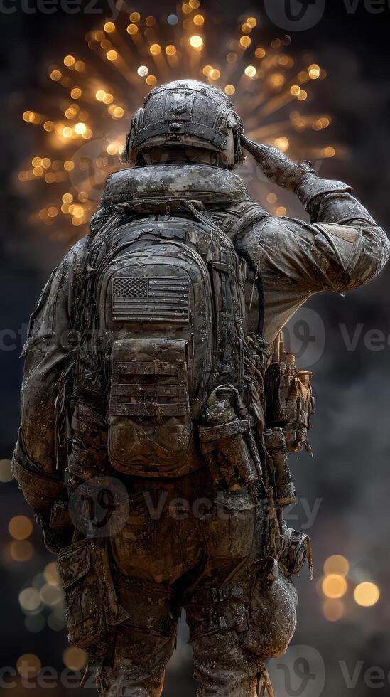 Military astronaut saluting under fireworks at night during a celebration in an urban setting photo