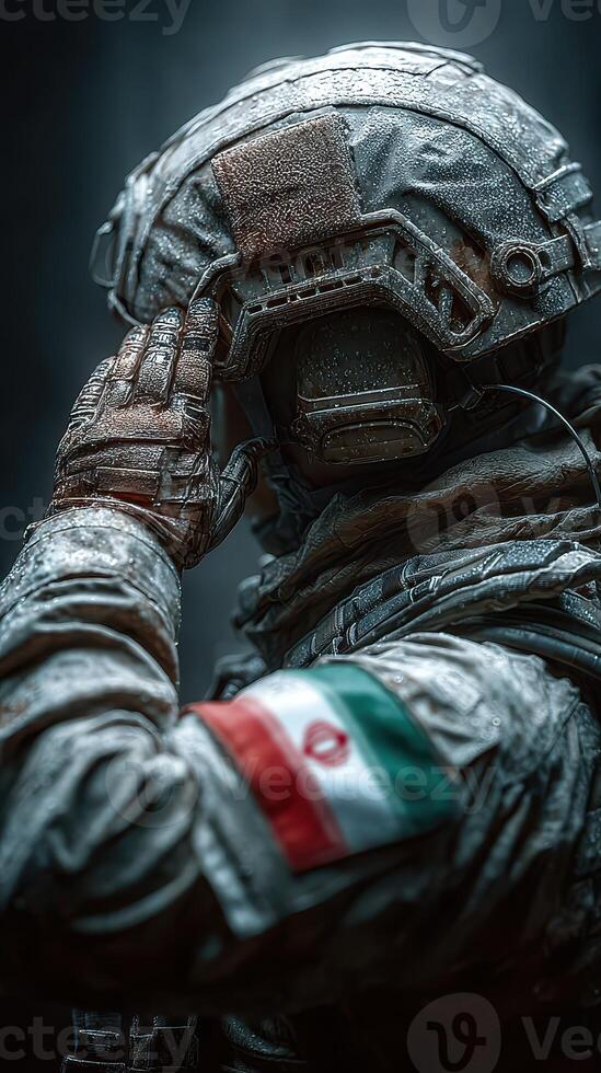 Soldier in a futuristic space suit saluting while adorned with an Iranian flag during a rain-soaked military operation photo