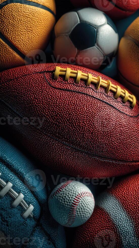 Various sports balls piled together displaying vibrant colors and textures in a close-up arrangement photo