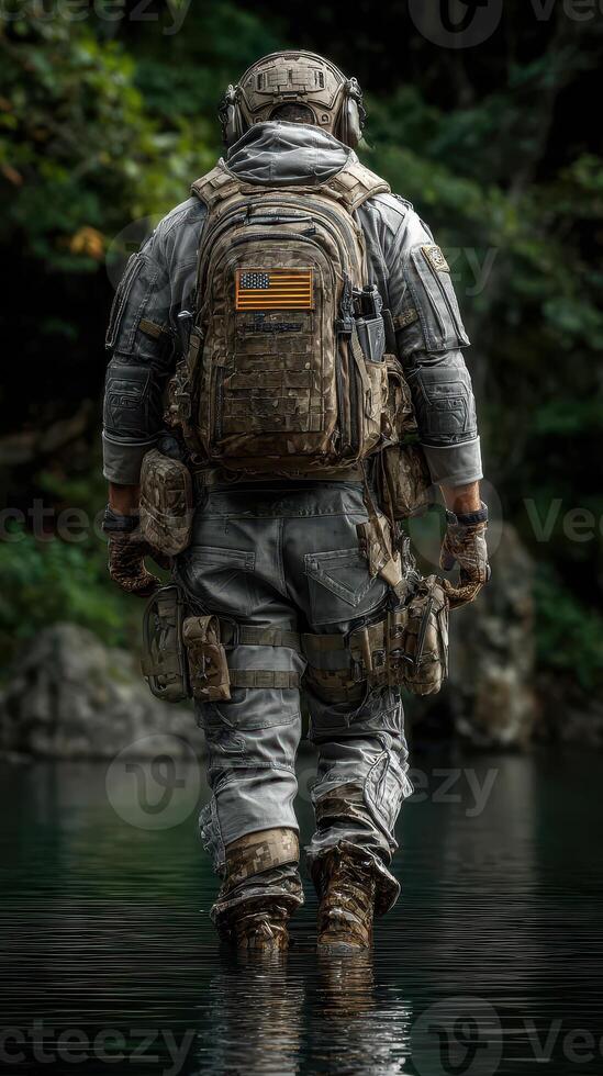 Military personnel wades through calm water dressed in tactical gear during a training exercise in nature photo