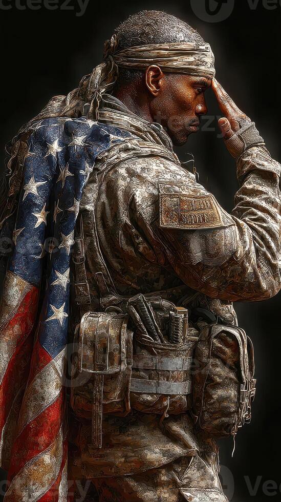 Soldier saluting while draped in an American flag during a solemn moment of respect photo