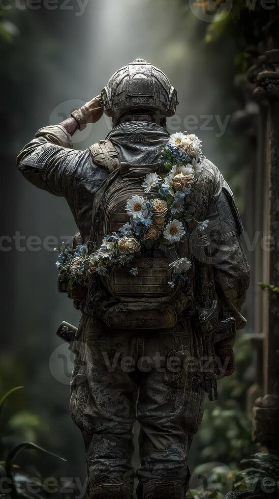Soldier saluting amidst nature, decorated with flowers, reflecting on peace and resilience in a forgotten landscape photo