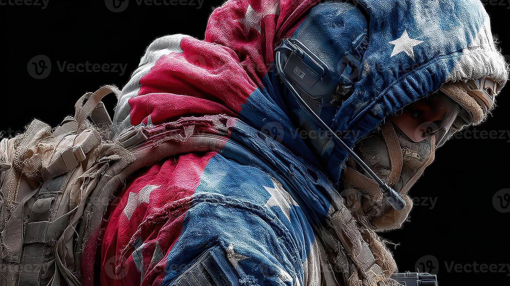 Soldier in camouflaged hoodie displaying American flag pattern during a tactical exercise photo