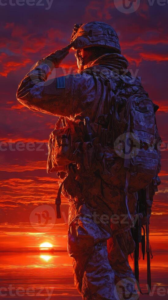 Soldier salutes at sunset, honoring bravery and commitment at a military base in a peaceful moment of reflection photo