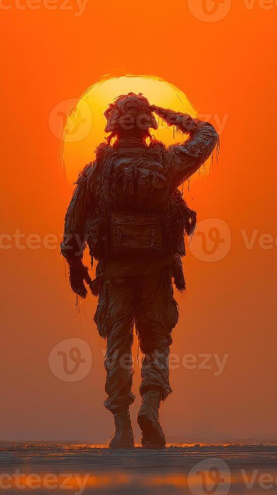 Soldier salutes at sunset, honoring service with a breathtaking view in the background photo