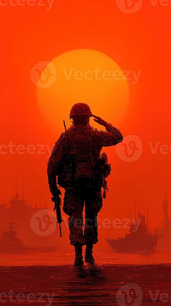 Soldier saluting the sunset over a coastal landscape with ships at anchor photo