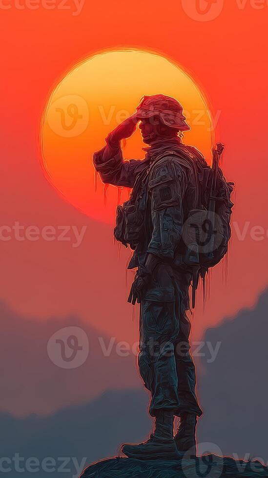 Soldier saluting against a vibrant sunset backdrop in a moment of reflection photo