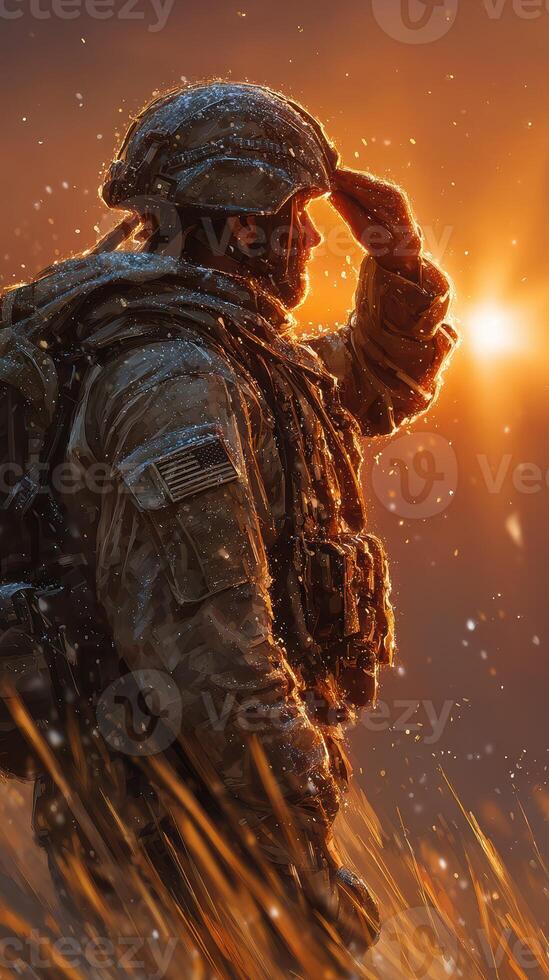 Soldier saluting against a sunset backdrop in a winter landscape during a snowstorm photo