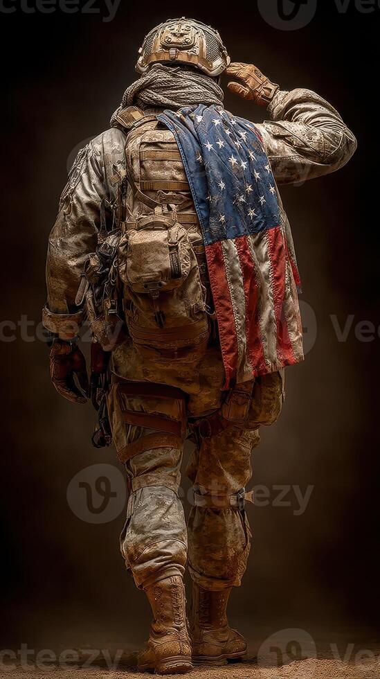Soldier saluting with American flag draped over shoulders in a somber setting photo