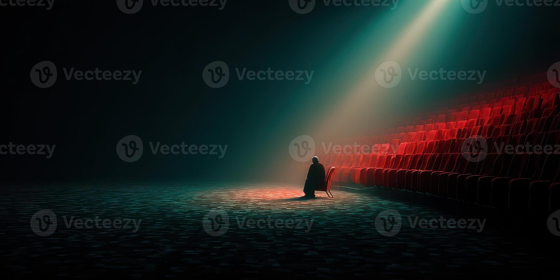 Lonely figure kneeling in empty theater illuminated by bright spotlight during a dramatic performance photo