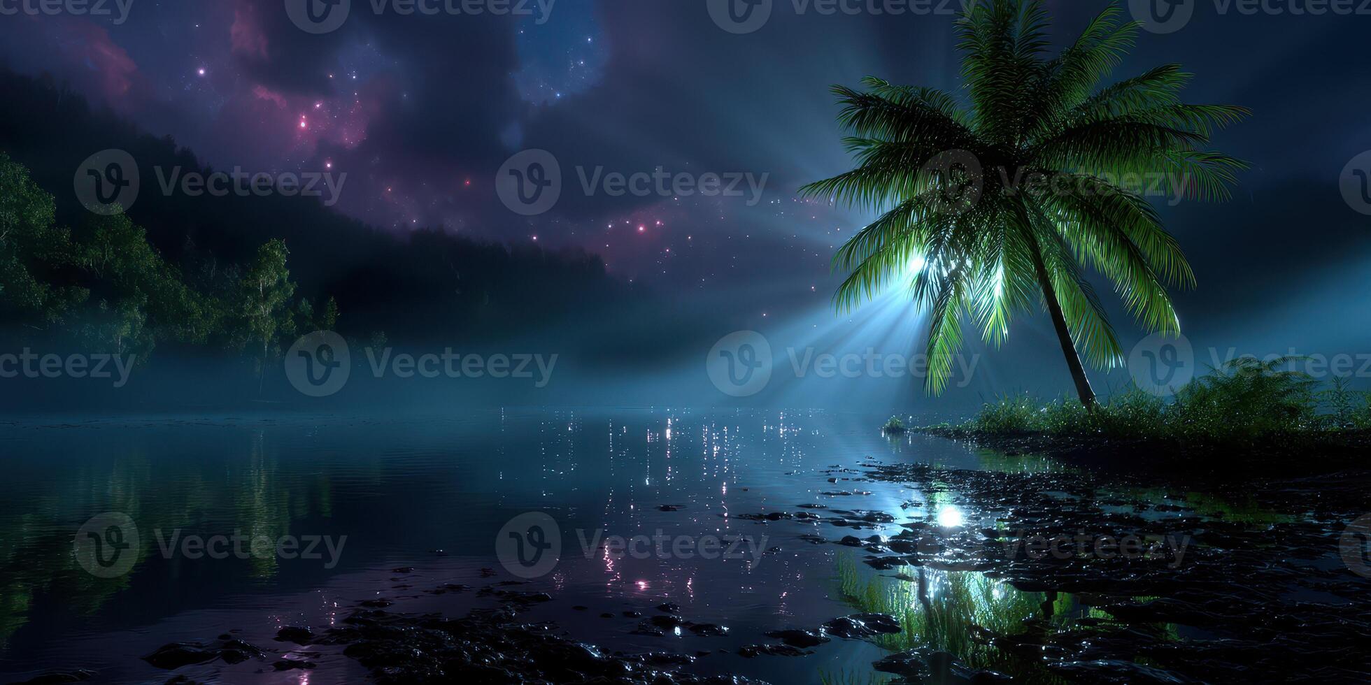 Starlit reflections on calm waters with palm trees under the night sky photo
