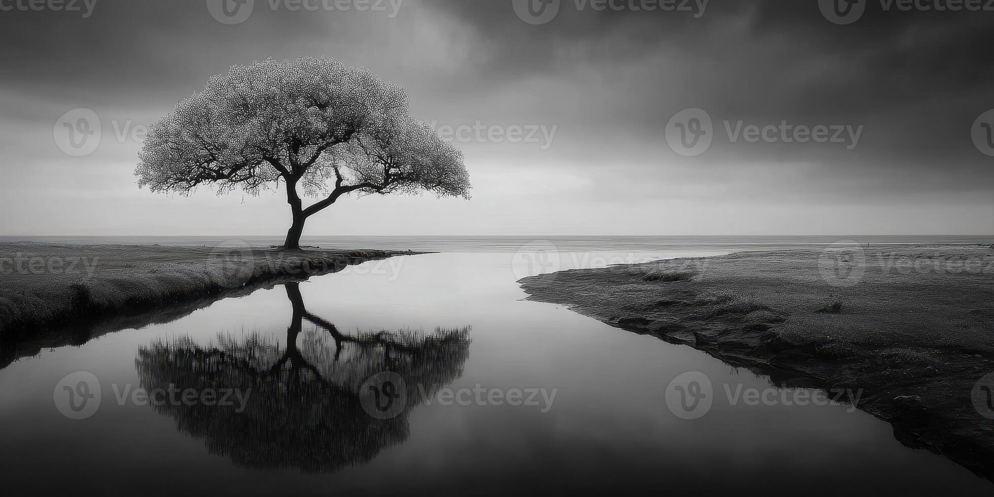 Lonely tree reflects on calm water at dusk under a dramatic sky photo