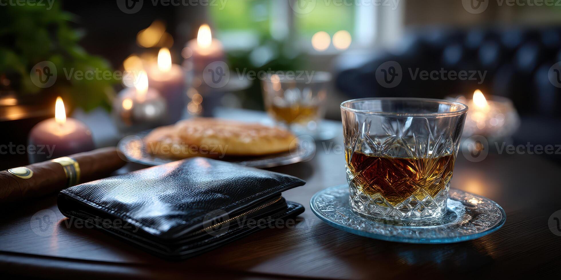Relaxing evening with whiskey and cookies by candlelight in a cozy living room photo