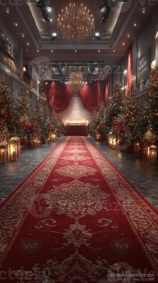 Festive holiday celebration setting with red carpet and decorated Christmas trees at evening event venue photo