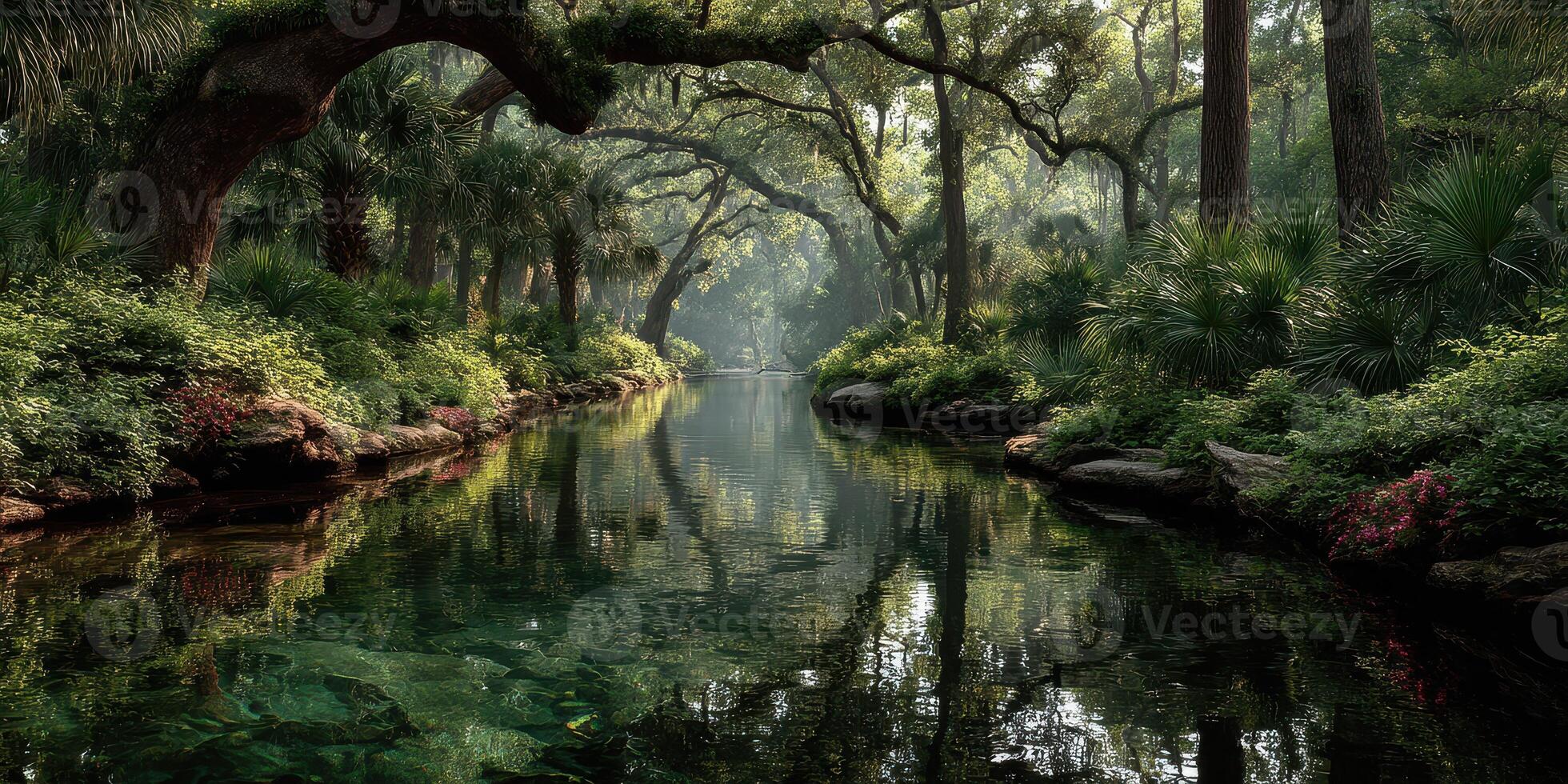 Tranquil river flowing through a lush forested landscape in the early morning light photo
