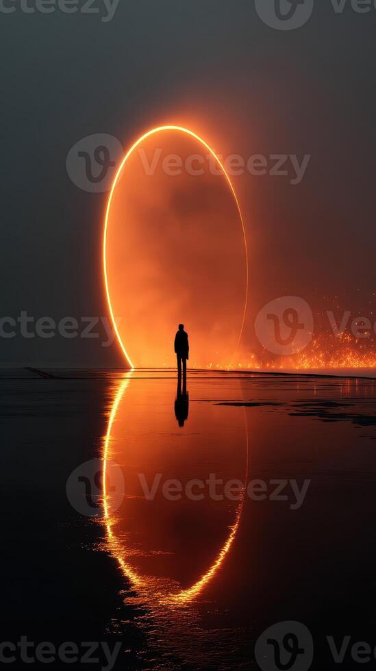 Mysterious figure stands before glowing portal at twilight on tranquil beach photo