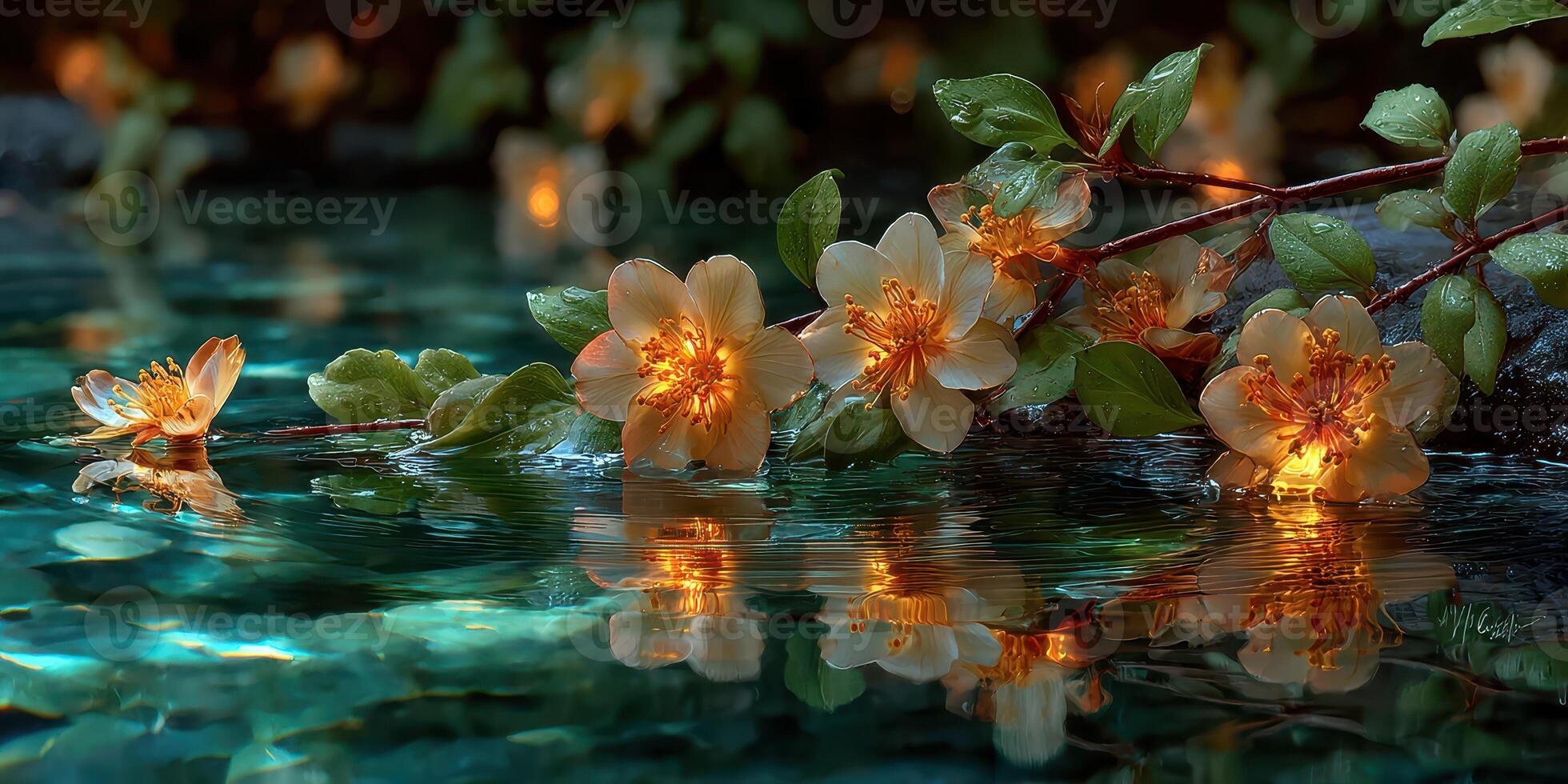 Illuminated flowers floating on calm water in a tranquil natural setting during nighttime photo