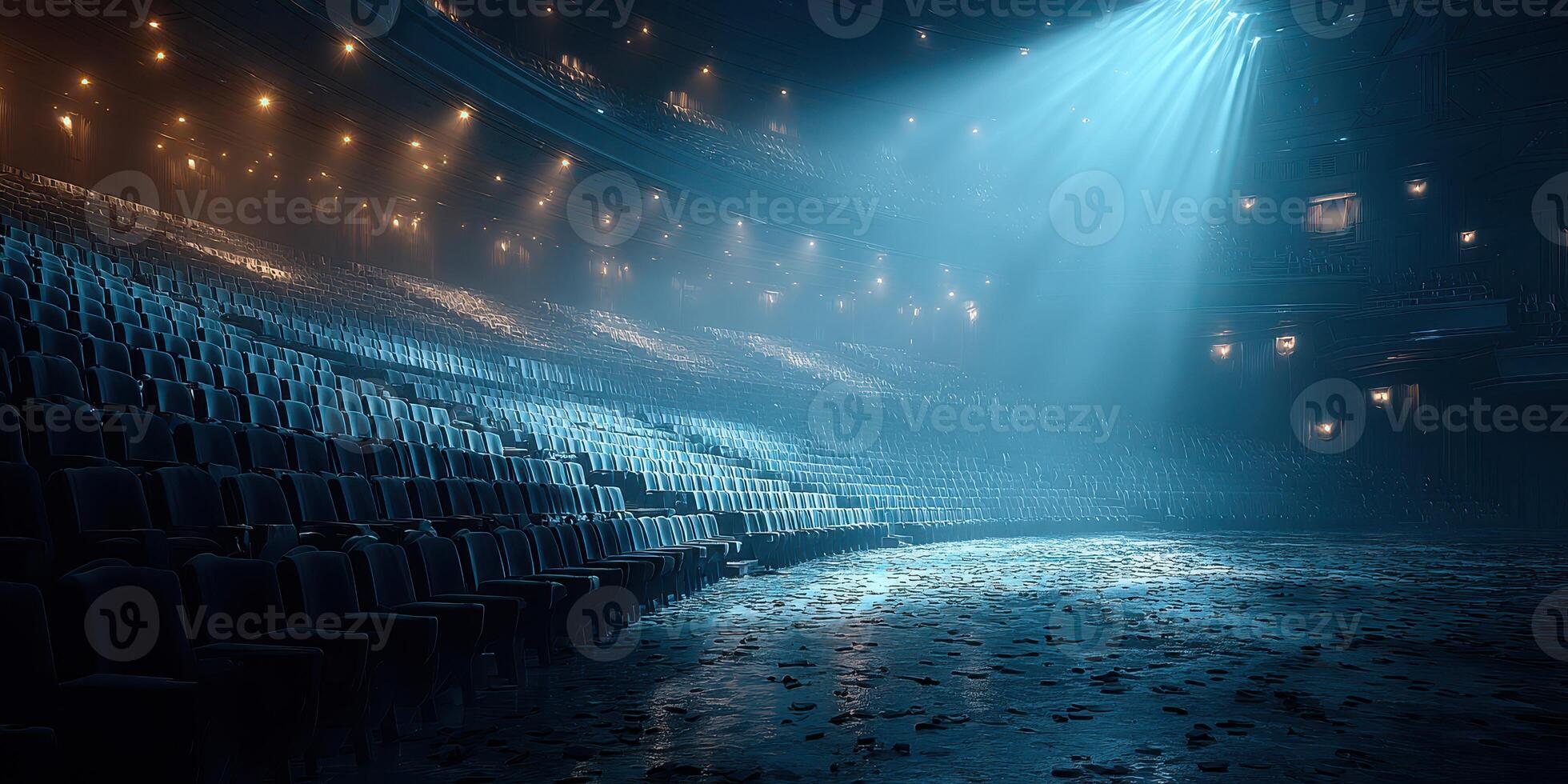 Empty theater ambience with dramatic lighting highlighting rows of seats and a reflective floor after a performance photo
